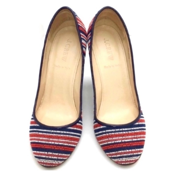 J.CREW Etta Tweed Woven Stripe Round Toe Block Heel Pumps in Blue with Red - Picture 4 of 9